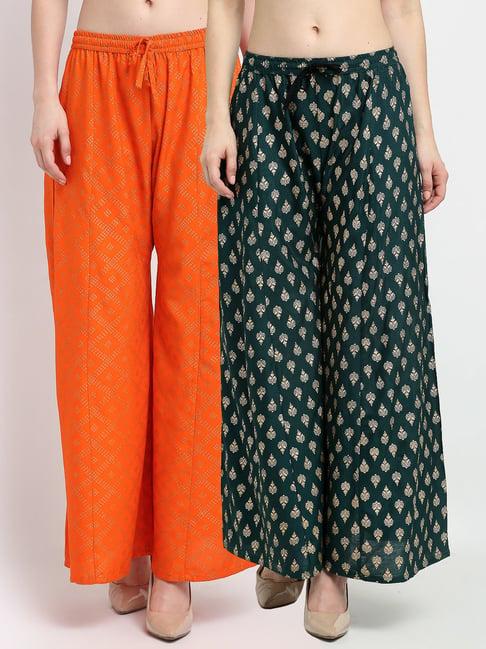 gracit orange & green printed palazzos - pack of 2