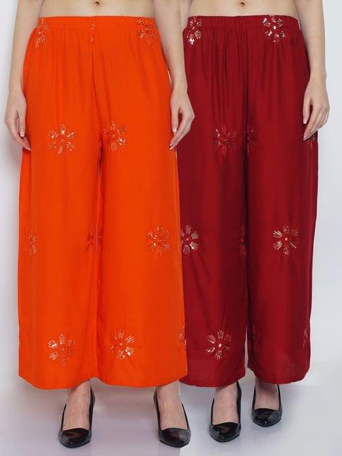 gracit orange & maroon embroidered palazzos - pack of 2