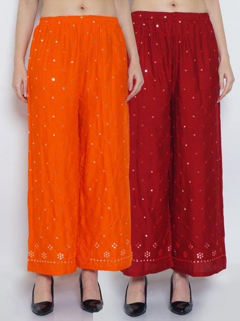 gracit orange & maroon embroidered palazzos - pack of 2