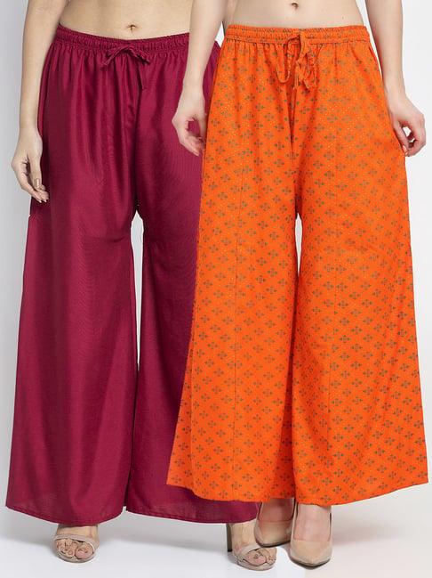 gracit orange & maroon printed palazzos - pack of 2