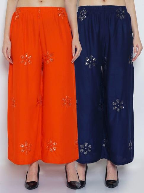 gracit orange & navy embroidered palazzos - pack of 2