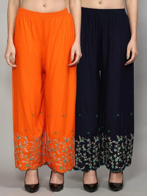 gracit orange & navy embroidered palazzos - pack of 2