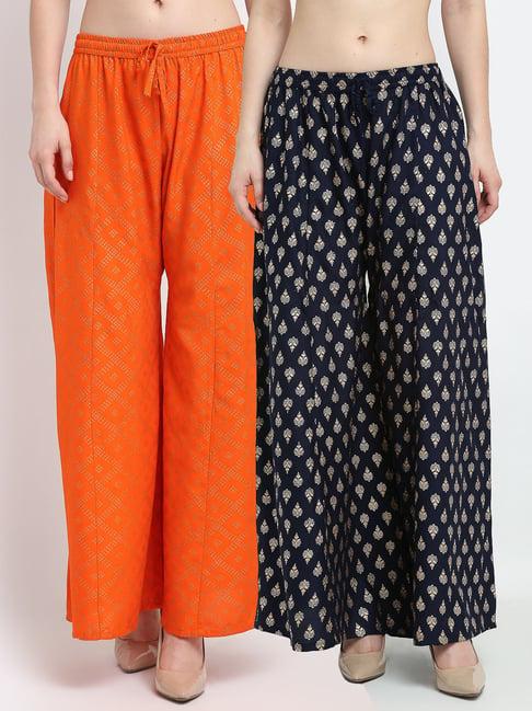 gracit orange & navy printed palazzos - pack of 2