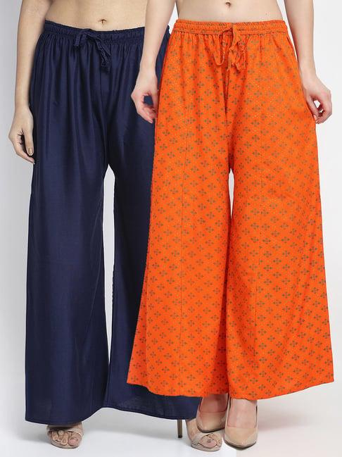 gracit orange & navy printed palazzos - pack of 2