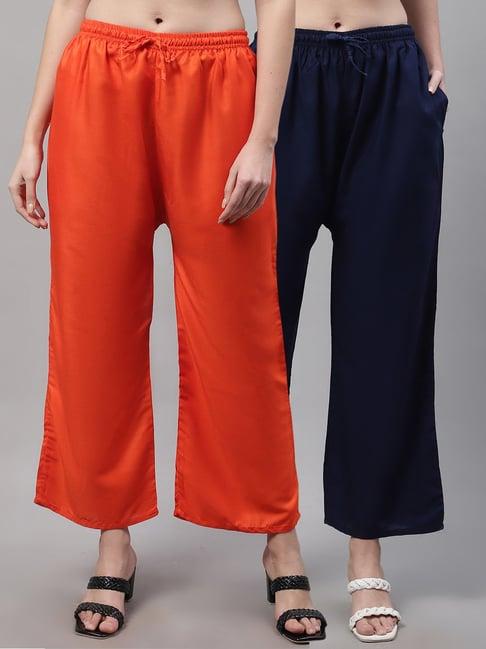 gracit orange & navy rayon palazzos - pack of 2