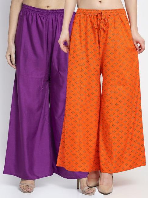 gracit orange & purple printed palazzos - pack of 2