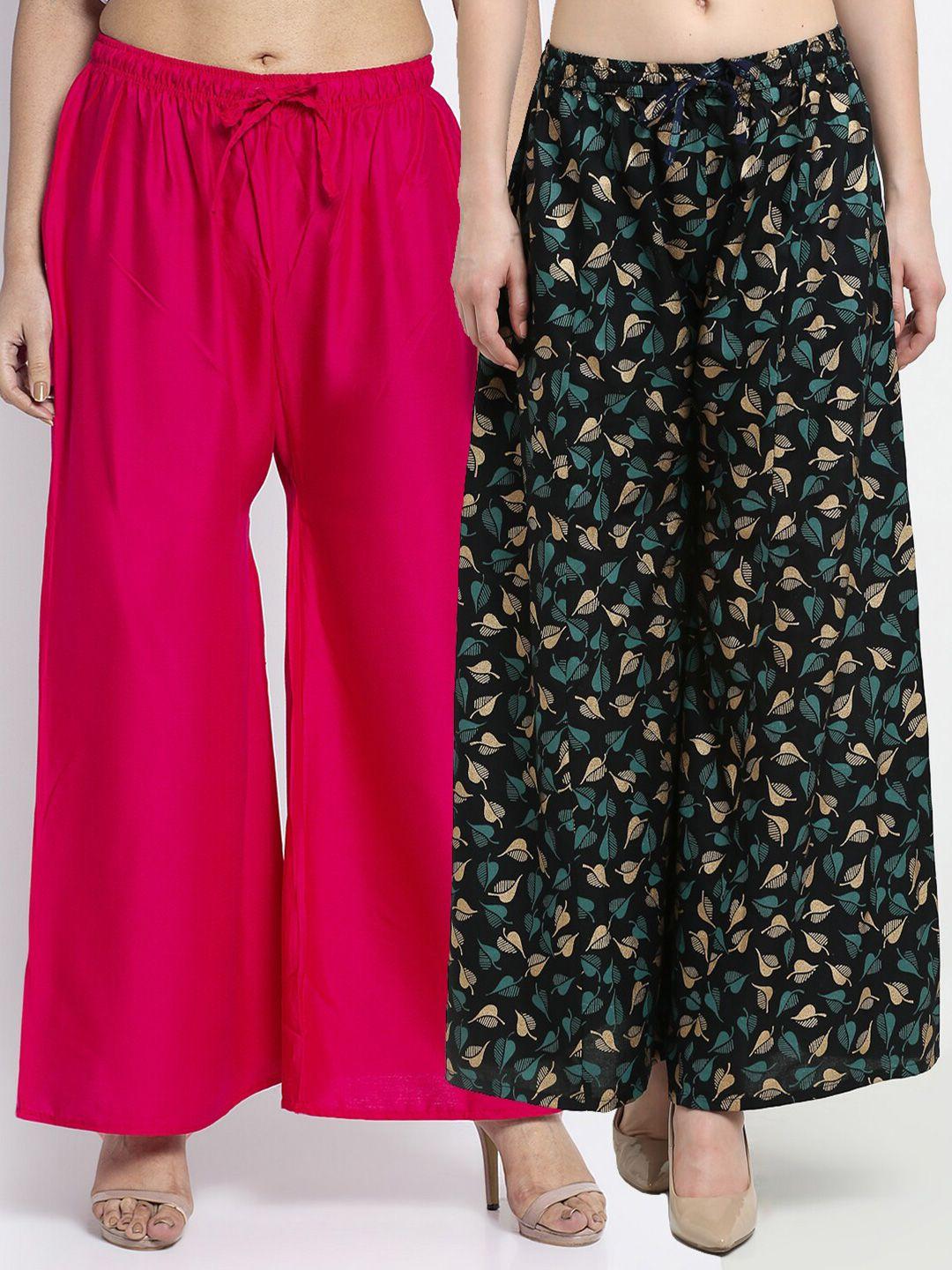 gracit pack-2 women pink & black floral printed knitted ethnic palazzos