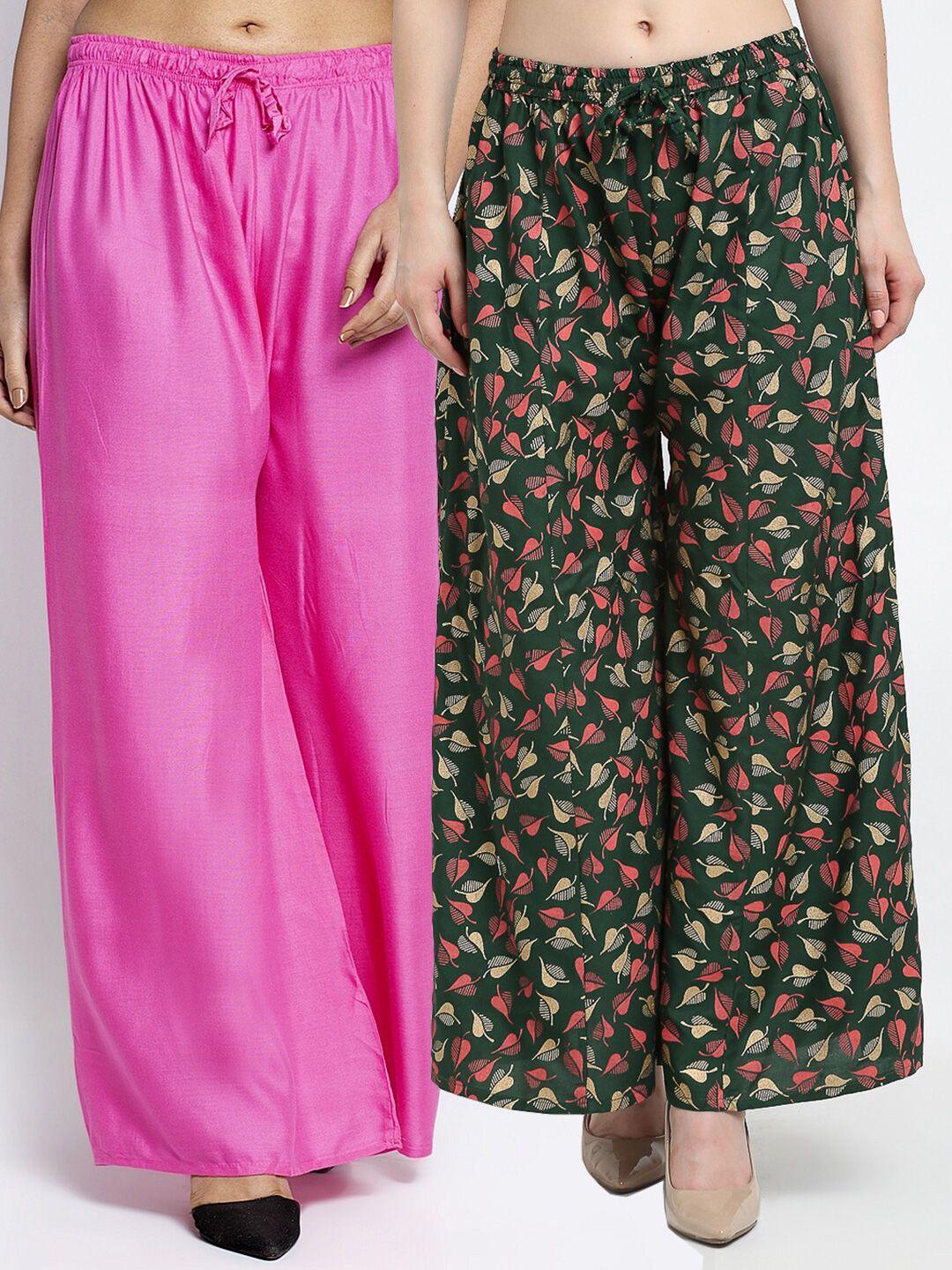 gracit pack-2 women pink & green floral printed knitted ethnic palazzos