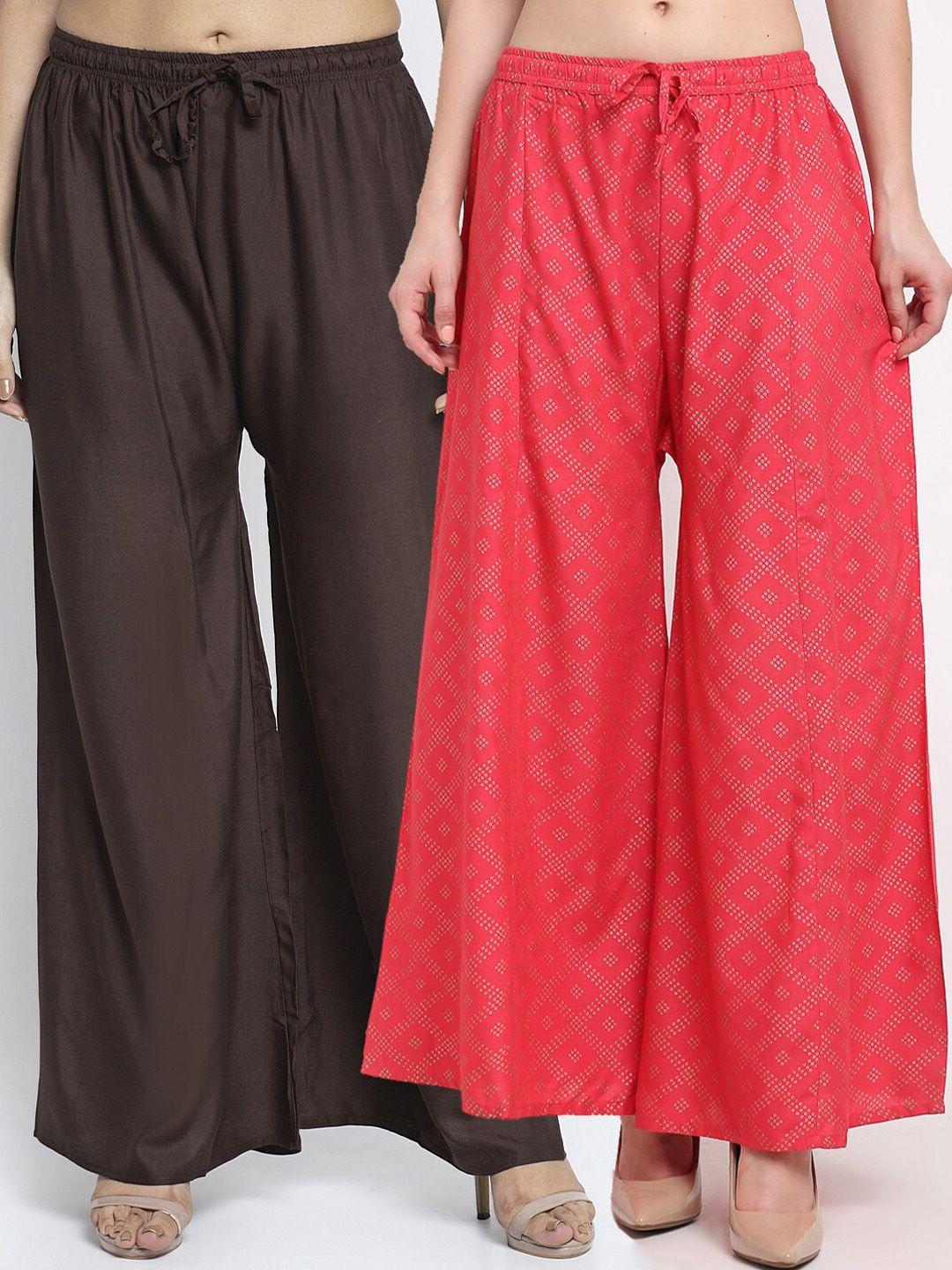 gracit pack of 2 women coffee brown & red flared ethnic palazzos