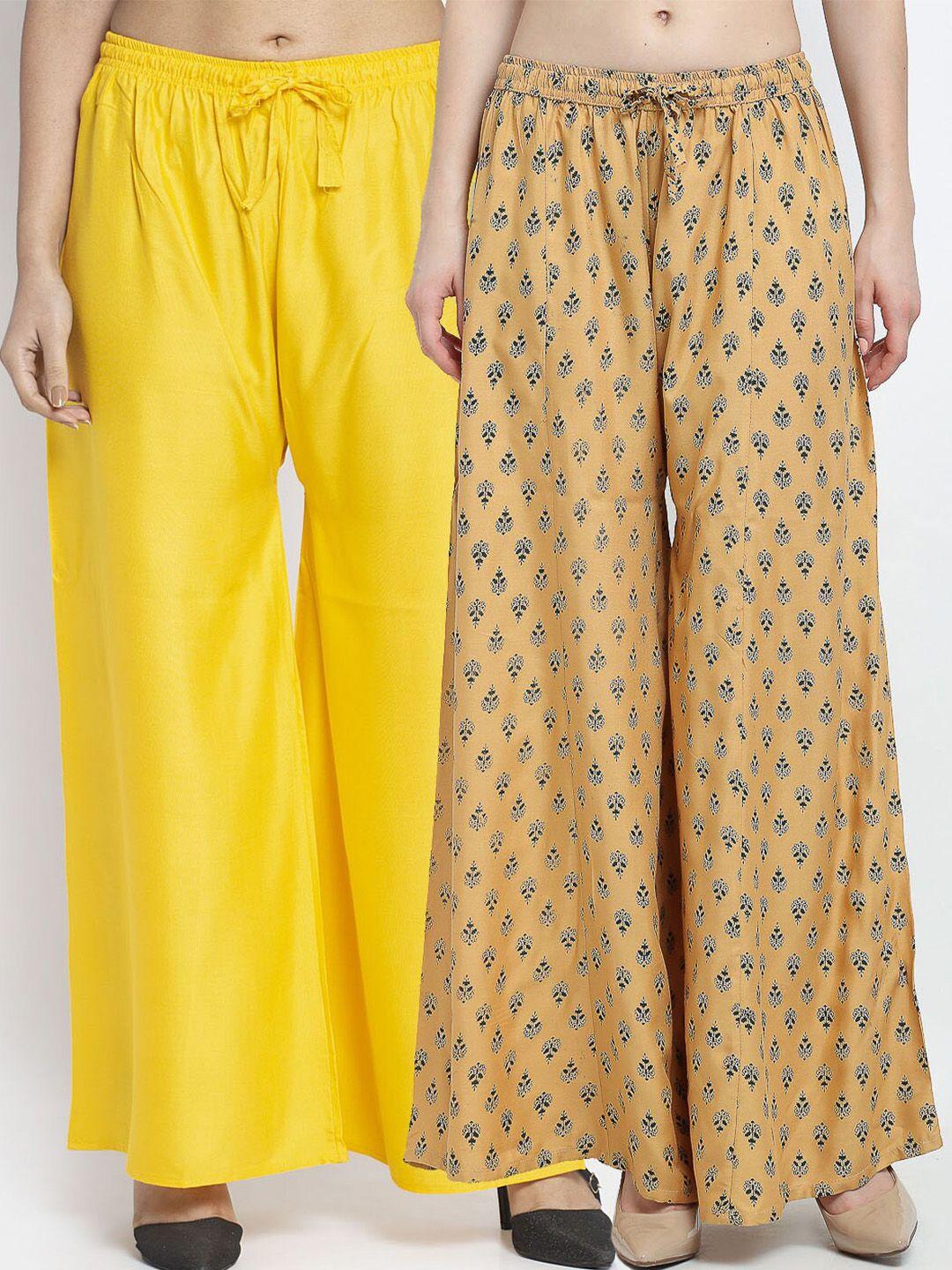 gracit pack of 2 women yellow & tan printed flared knitted ethnic palazzos
