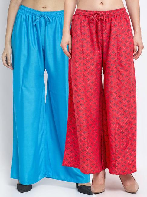 gracit peach & blue printed palazzos - pack of 2