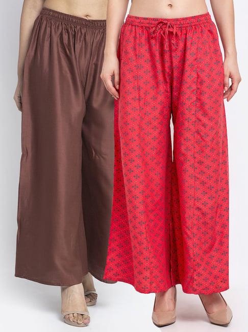 gracit peach & brown printed palazzos - pack of 2