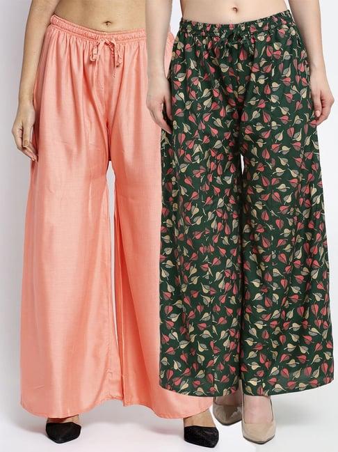 gracit peach & green flared fit palazzos - pack of 2