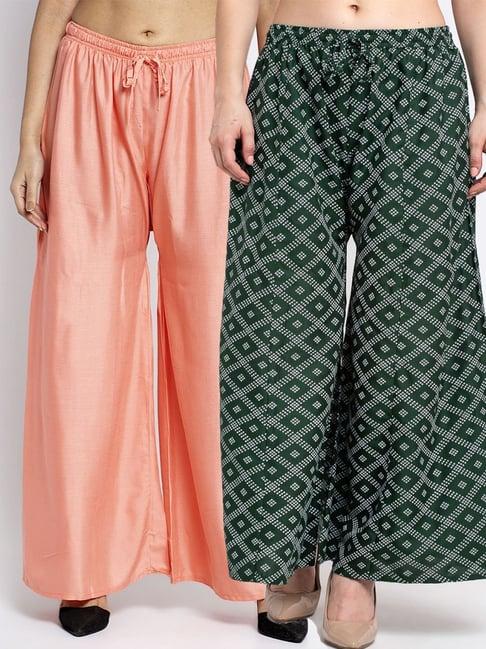 gracit peach & green flared fit palazzos - pack of 2