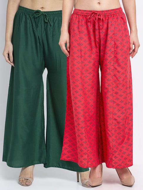 gracit peach & green printed palazzos - pack of 2