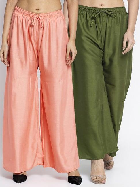 gracit peach & green rayon palazzos - pack of 2