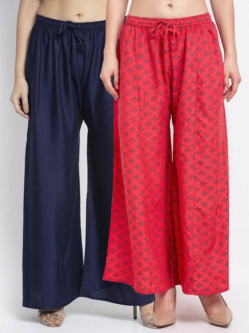 gracit peach & navy printed palazzos - pack of 2