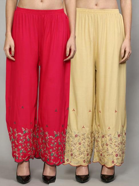 gracit pink & beige embroidered palazzos - pack of 2