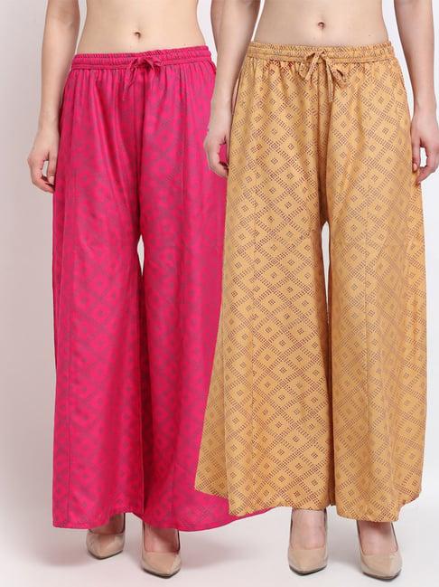 gracit pink & beige printed palazzos - pack of 2