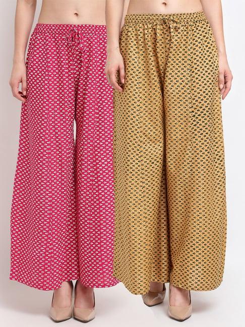 gracit pink & beige printed palazzos - pack of 2