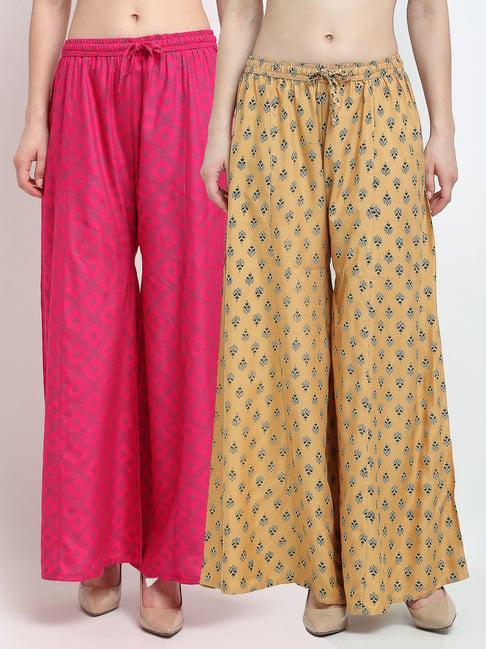gracit pink & beige printed palazzos - pack of 2