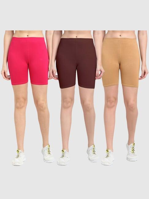 gracit pink & brown cotton sports shorts - pack of 3