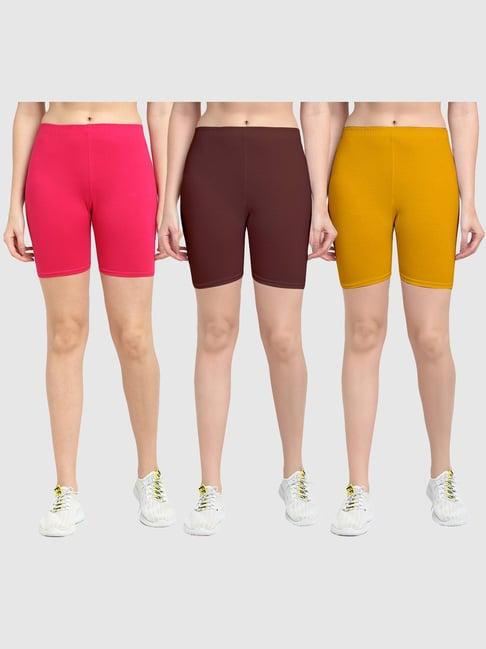 gracit pink & brown cotton sports shorts - pack of 3