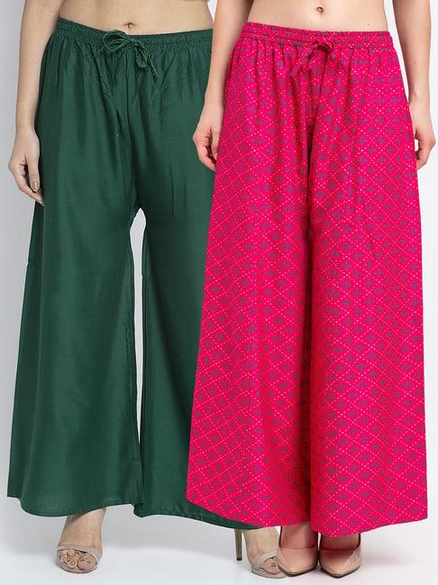 gracit pink & green printed palazzos - pack of 2