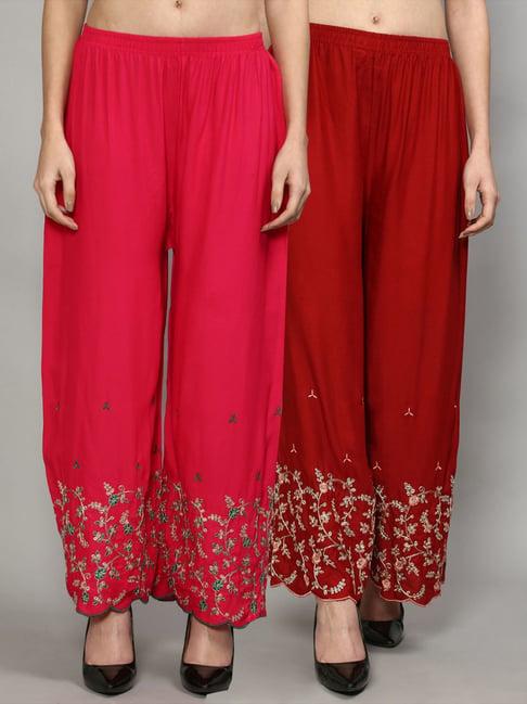 gracit pink & maroon embroidered palazzos - pack of 2