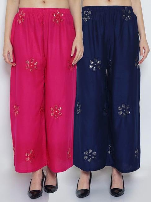 gracit pink & navy blue embroidered palazzos - pack of 2