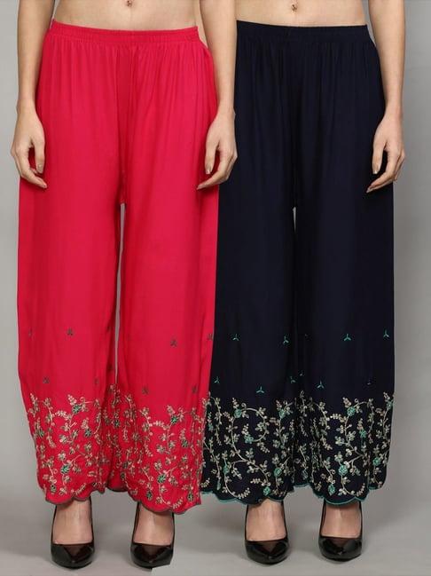 gracit pink & navy embroidered palazzos - pack of 2