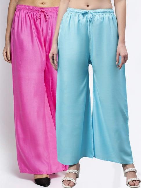 gracit pink & turquoise rayon palazzos - pack of 2
