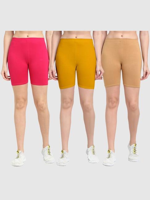 gracit pink & yellow cotton sports shorts - pack of 3