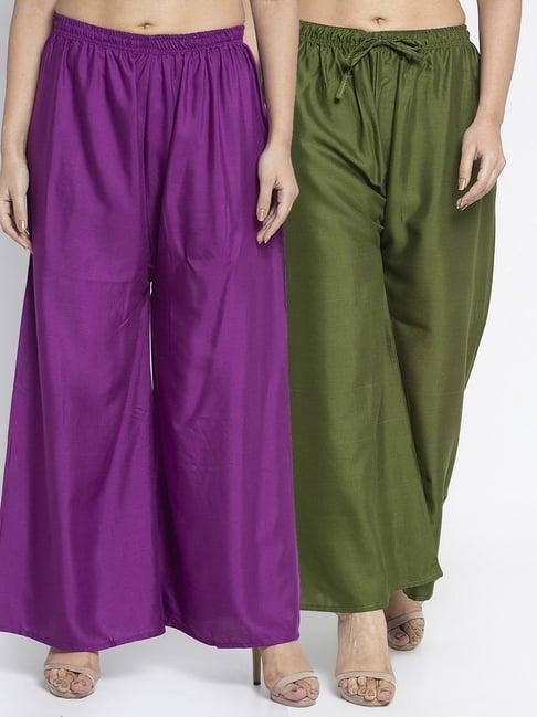 gracit purple & green rayon palazzos - pack of 2