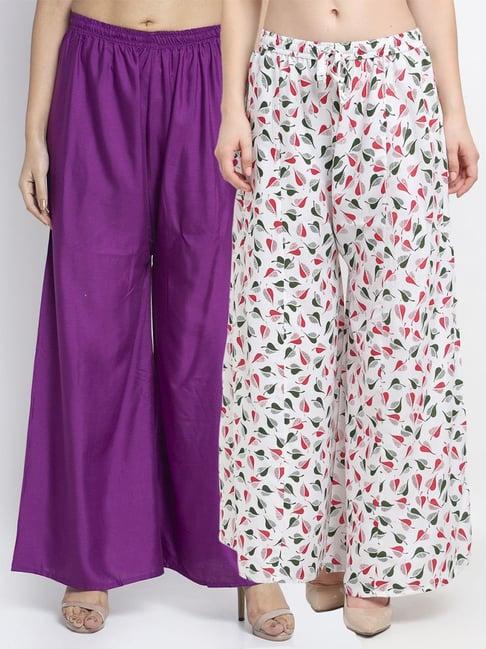 gracit purple & white flared fit palazzos - pack of 2