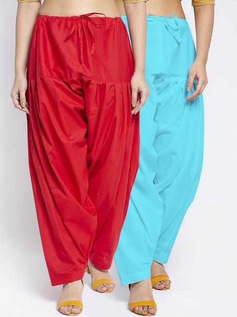 gracit red & aqua loose fit cotton salwar pack of - 2