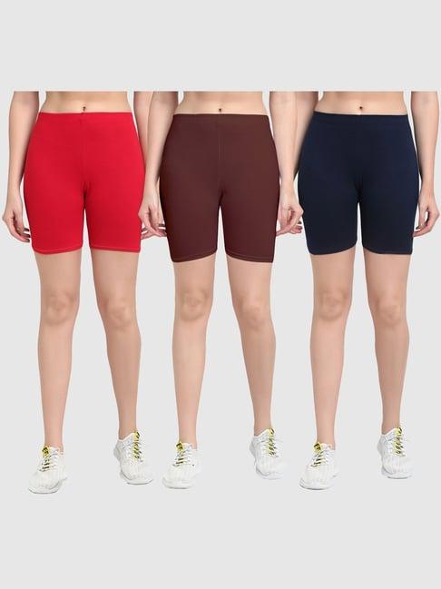 gracit red & brown cotton sports shorts - pack of 3