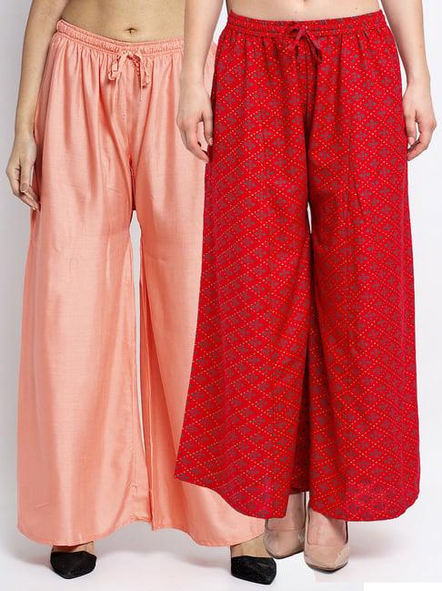 gracit red & peach printed palazzos - pack of 2