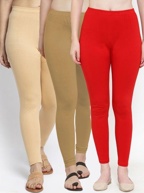 gracit red & skin mid rise leggings - pack of 3