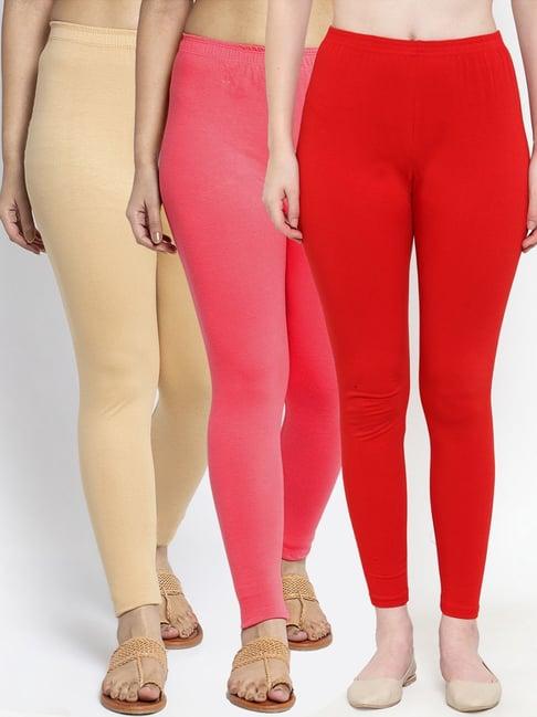 gracit red & skin mid rise leggings - pack of 3