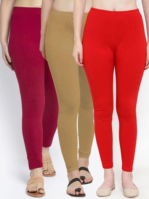 gracit red & skin mid rise leggings - pack of 3