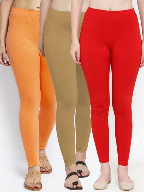 gracit red & skin mid rise leggings - pack of 3