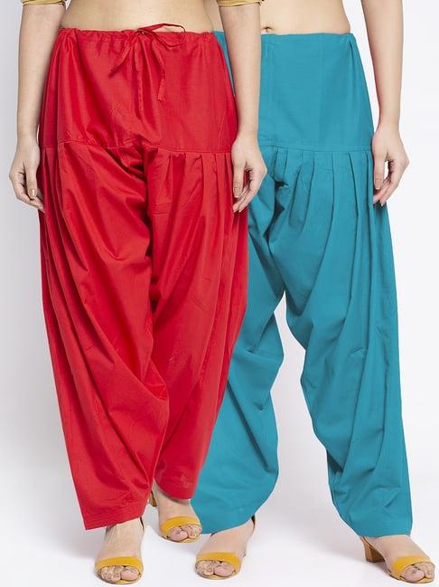 gracit red & sky blue loose fit cotton salwar pack of - 2
