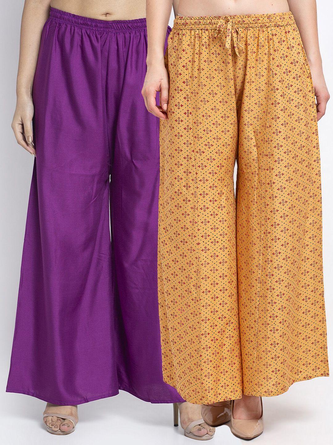 gracit set-2 women purple & mustard yellow floral printed flared knitted ethnic palazzos