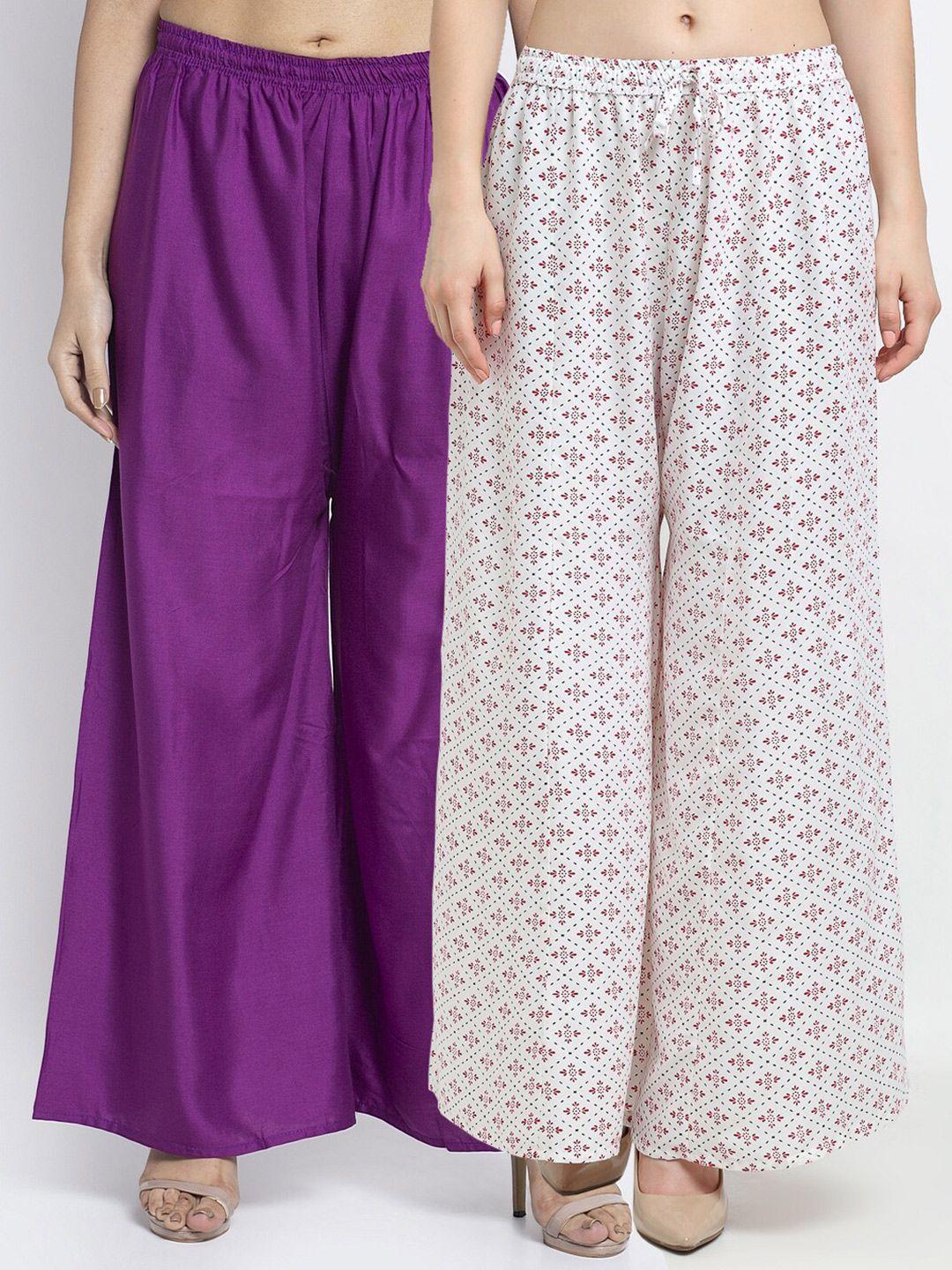 gracit set-2 women purple & white floral printed flared knitted ethnic palazzos