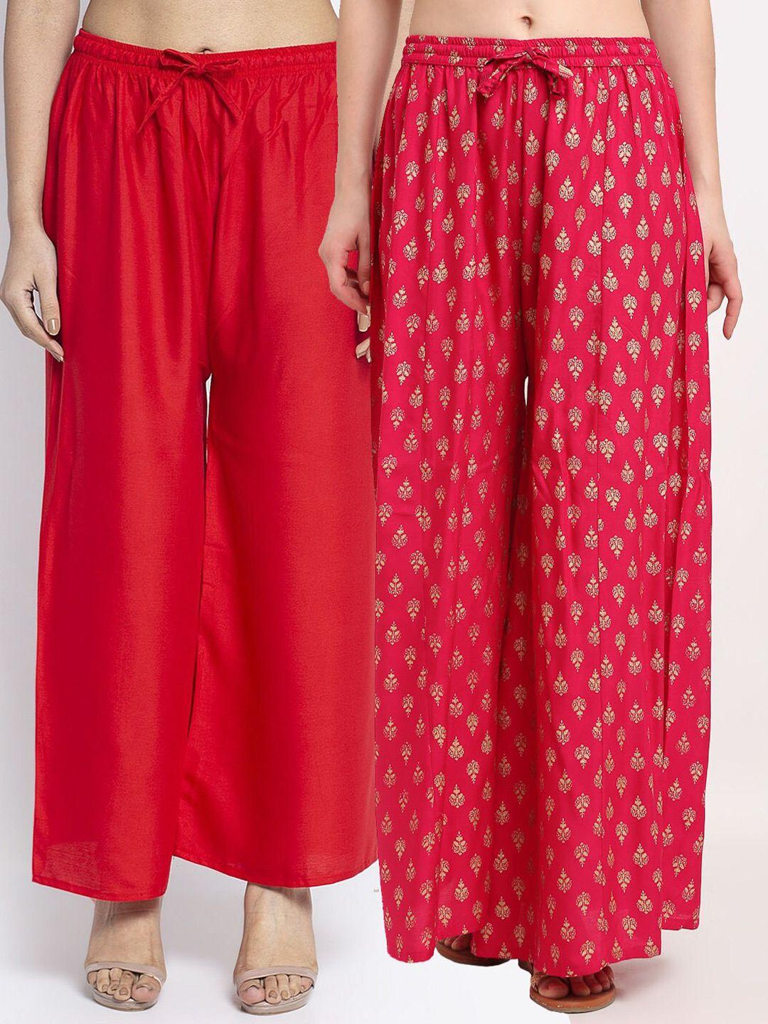 gracit set-2 women red & pink ethnic motifs printed flared knitted ethnic palazzos