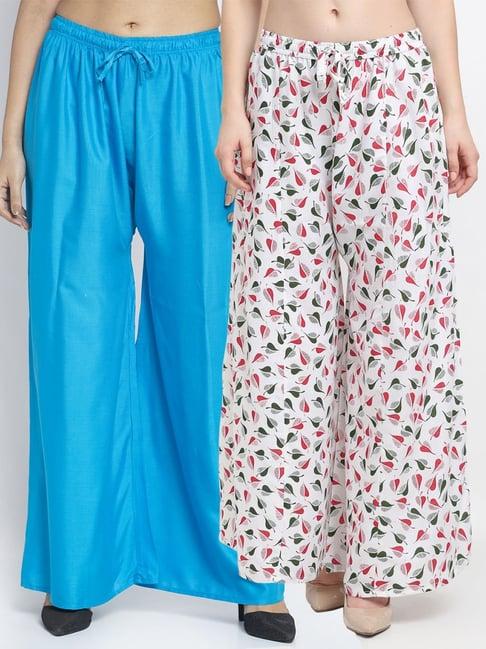 gracit turquoise & white flared fit palazzos - pack of 2