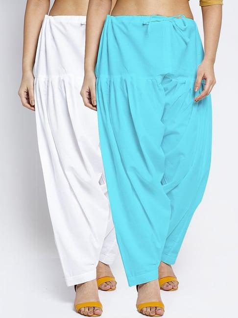 gracit white & aqua loose fit cotton salwar pack of - 2