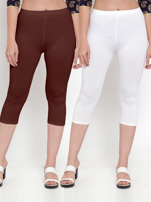 gracit white & brown mid rise capris - pack of 2