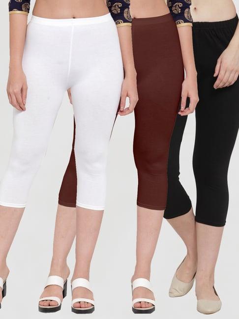 gracit white & brown mid rise capris - pack of 3